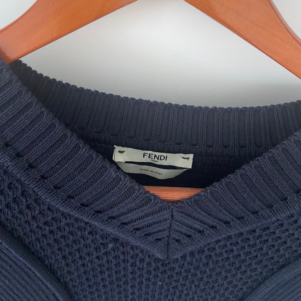 Fendi Knitwear Pullover- Tie-Detailed Paneled Cotton Sweater- Navy Blue - Picture 3 of 6